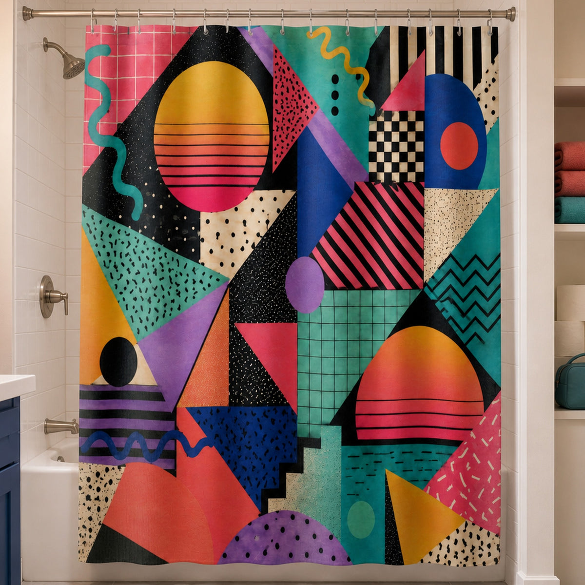 Colorful Memphis geometric shower curtain in a white-tile first-apartment bathroom