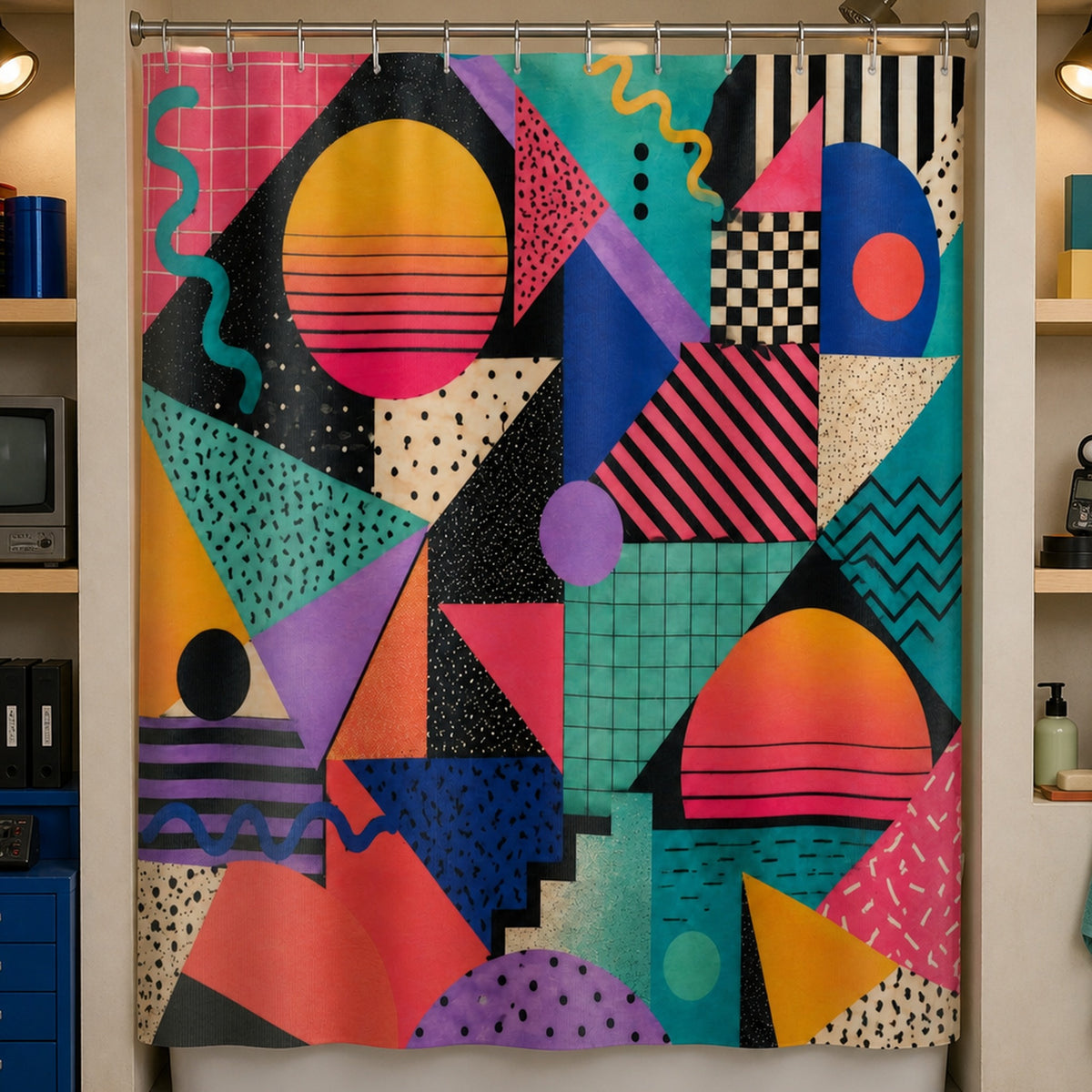 Colorful Memphis geometric shower curtain in a retro video art director's loft bathroom