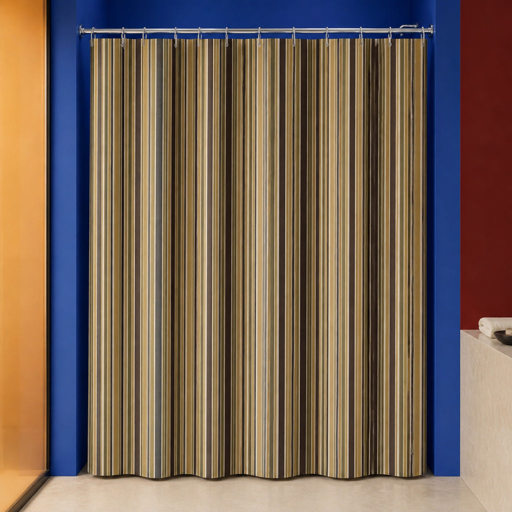 Brown earth tone stripe shower curtain in a cobalt designer bathroom with apricot glass