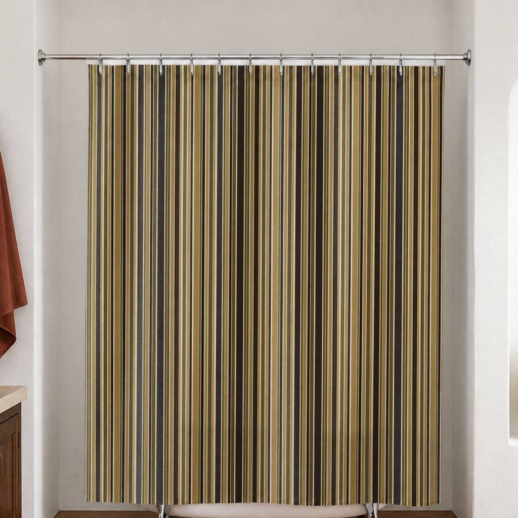 Brown earth tone multi stripe shower curtain in a high desert bathroom with cedar and terracotta