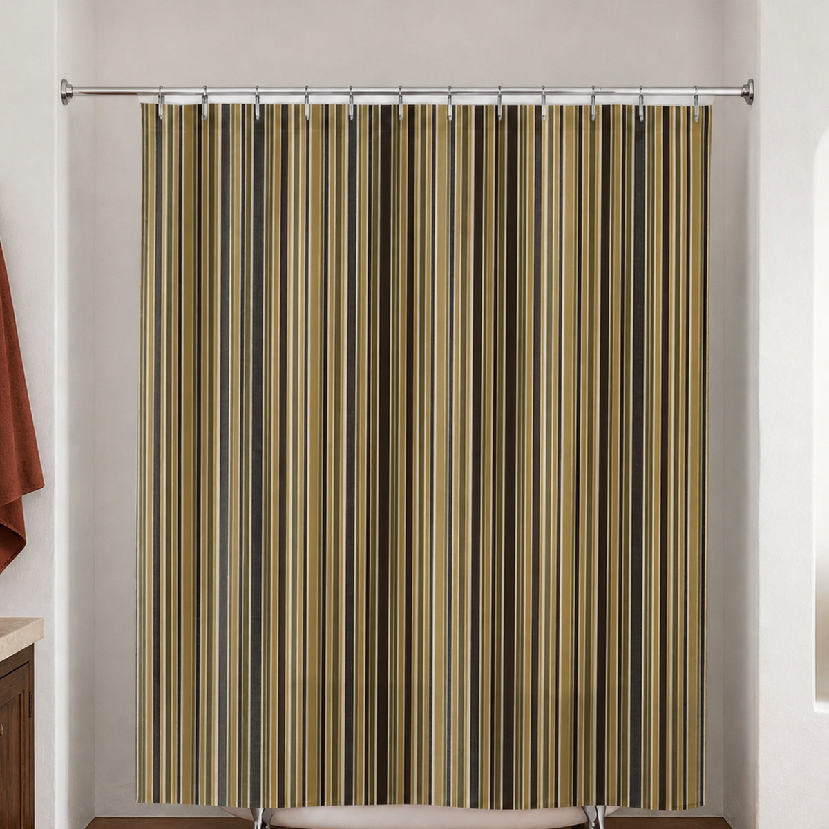 Brown earth tone multi stripe shower curtain in a high desert bathroom with cedar and terracotta