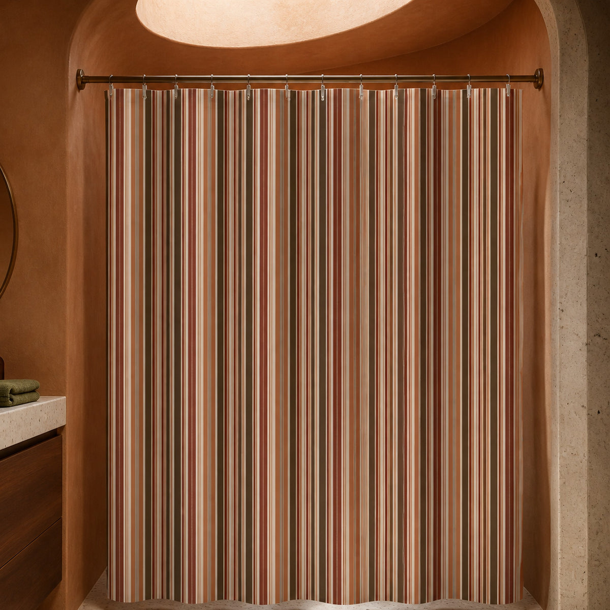 Rust terracotta brown stripe shower curtain in a luxury coral plaster bathroom with oval skylight