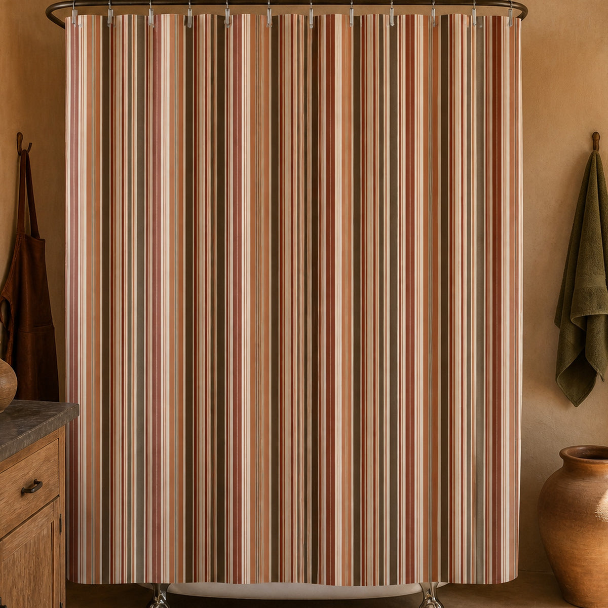 Rust terracotta brown stripe shower curtain in a desert ceramicist washroom with adobe plaster and pottery