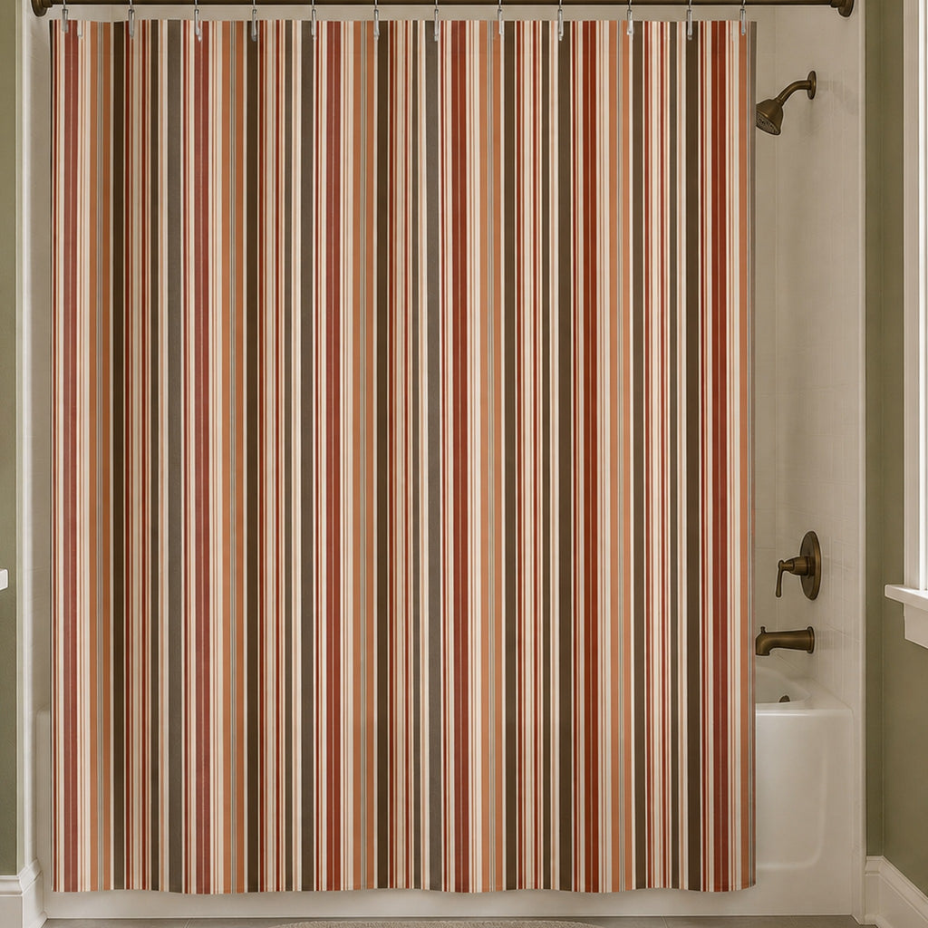 Rust terracotta brown stripe shower curtain in a warm white bathroom with oak vanity and olive walls