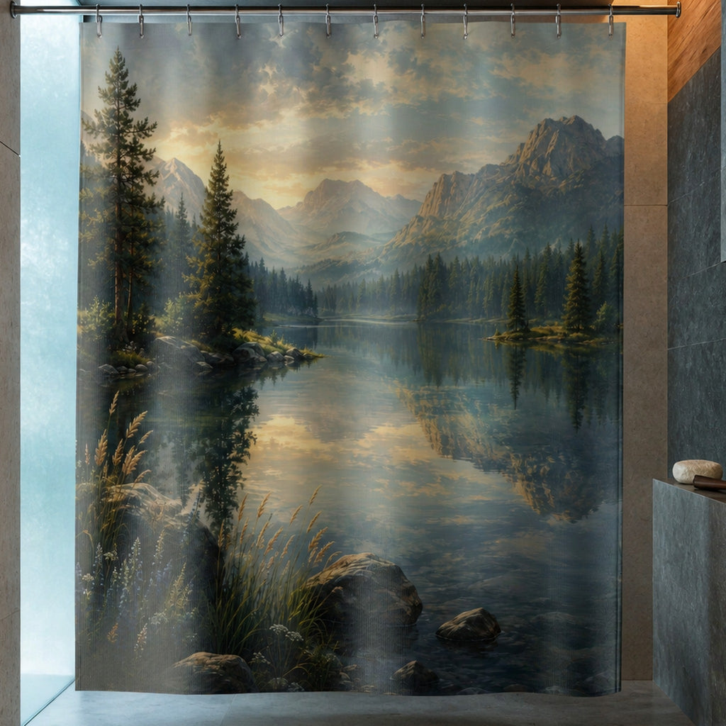 Mountain lake forest shower curtain in a designer bath with glacier-blue glass and blue soapstone