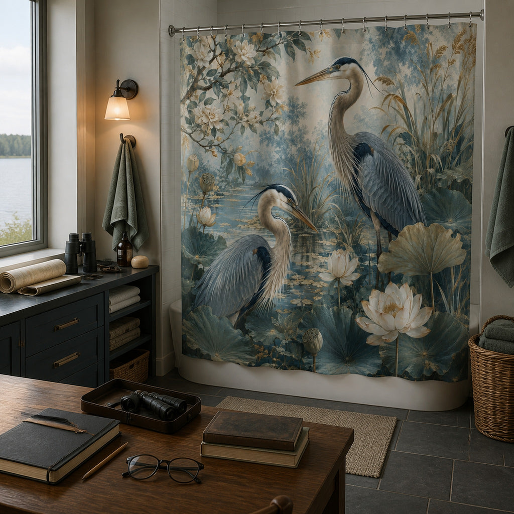 Blue green heron and lotus shower curtain in a wetland ecologist's lakeside bathroom