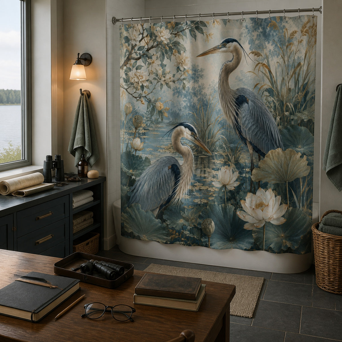 Blue green heron and lotus shower curtain in a wetland ecologist's lakeside bathroom