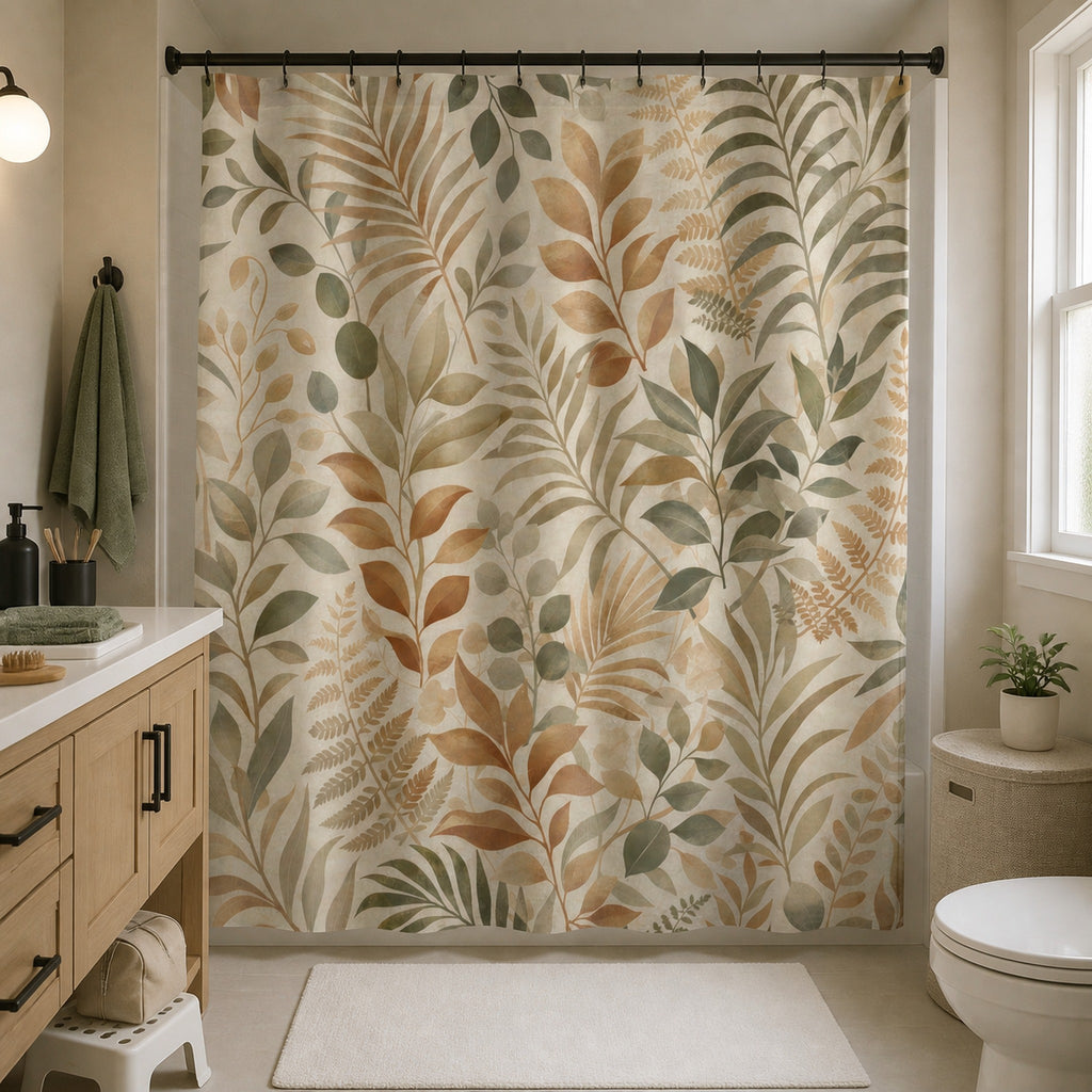Sage and camel botanical shower curtain in an attainable light-oak guest bathroom