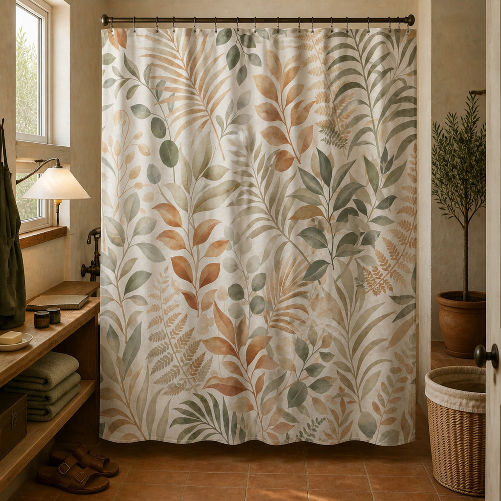 Sage and camel botanical shower curtain in an Ojai illustrator's adobe studio bathroom