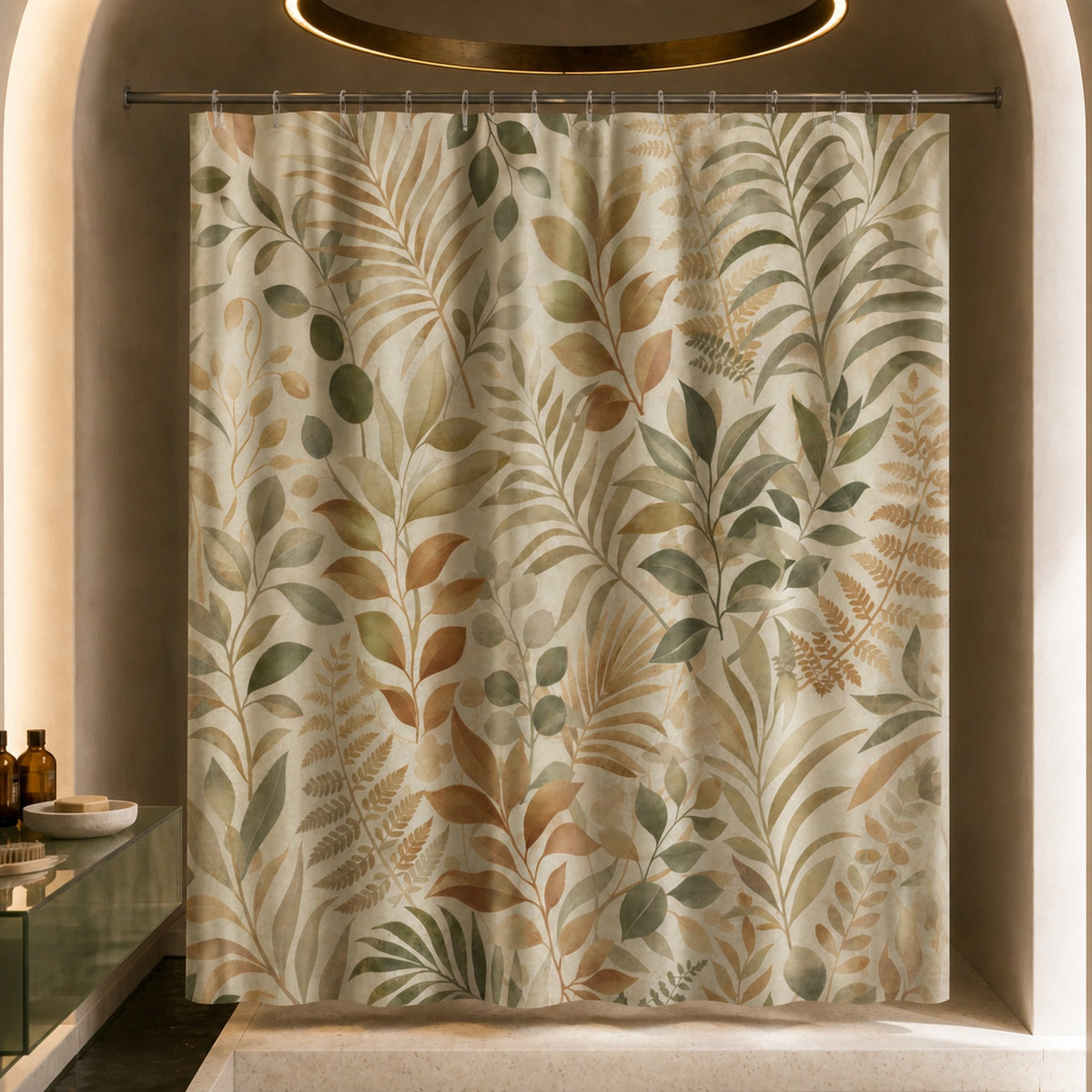 Sage and camel botanical shower curtain in a terracotta-vault designer bathroom