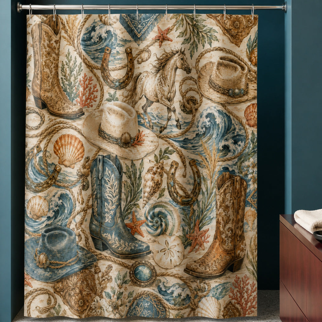 Coastal cowgirl shower curtain in a deep petrol designer bathroom with apricot glass