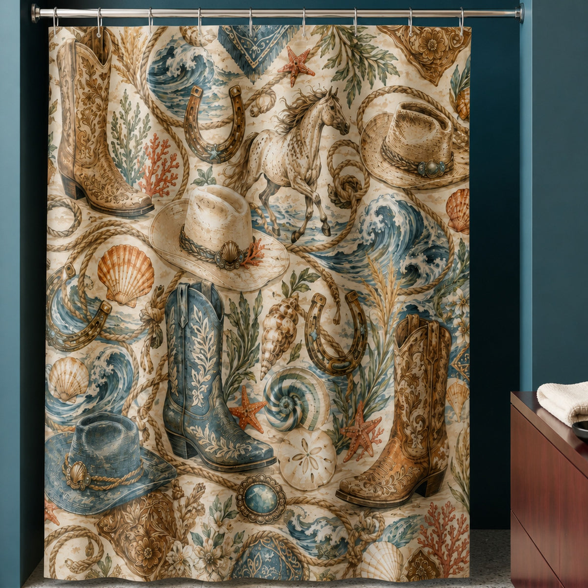 Coastal cowgirl shower curtain in a deep petrol designer bathroom with apricot glass
