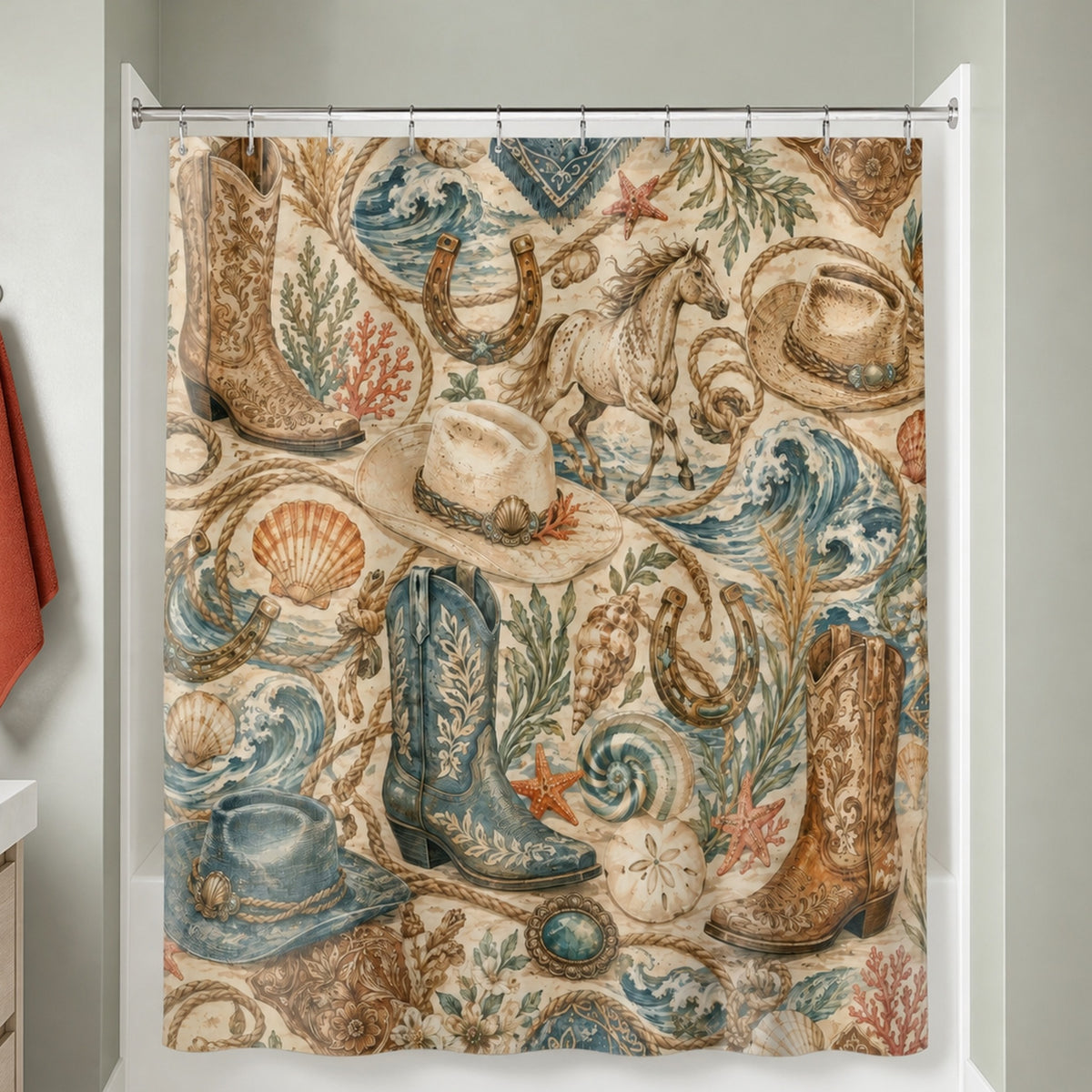 Coastal cowgirl shower curtain in a sea-glass gray guest bathroom with a paprika towel