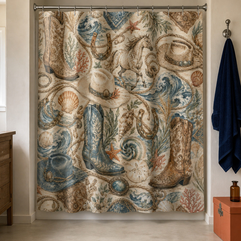 Coastal cowgirl shower curtain in a warm putty bathroom with smoked oak cabinet
