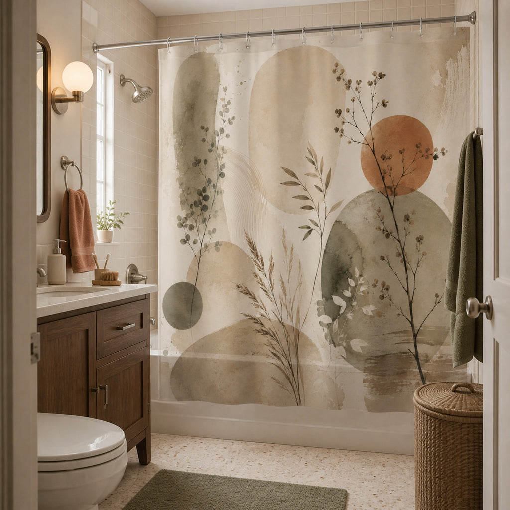 Japandi sage green abstract botanical shower curtain in an attainable apartment bathroom with a walnut vanity