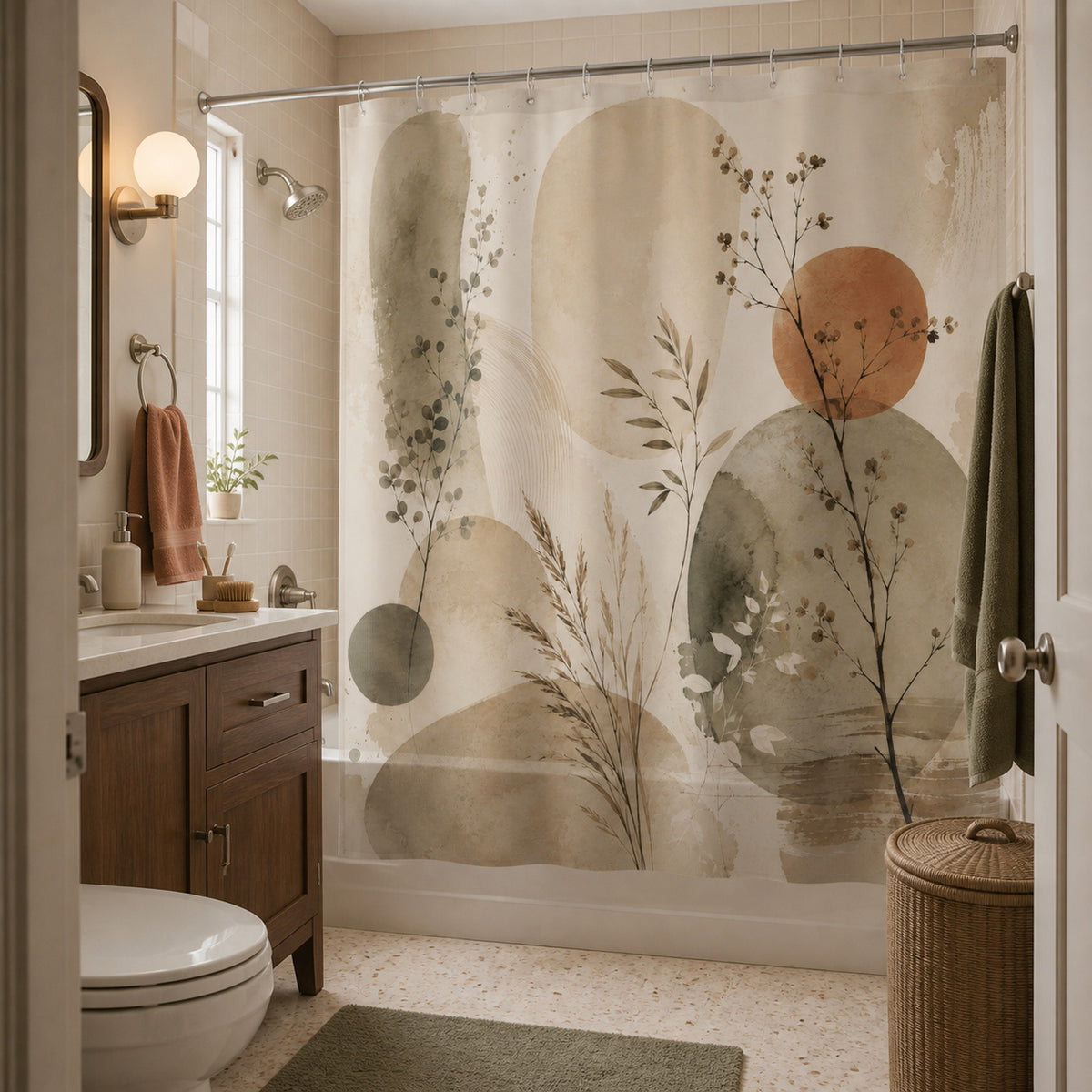 Japandi sage green abstract botanical shower curtain in an attainable apartment bathroom with a walnut vanity