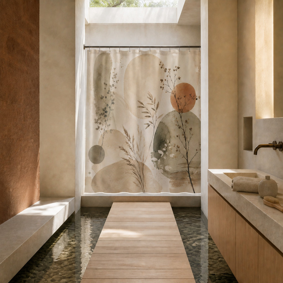 Japandi sage green abstract botanical shower curtain in a hinoki bridge light-court designer bathroom
