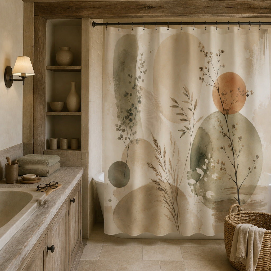 Japandi sage green abstract botanical shower curtain in a ceramicist's kiln-house bathroom with handmade pottery