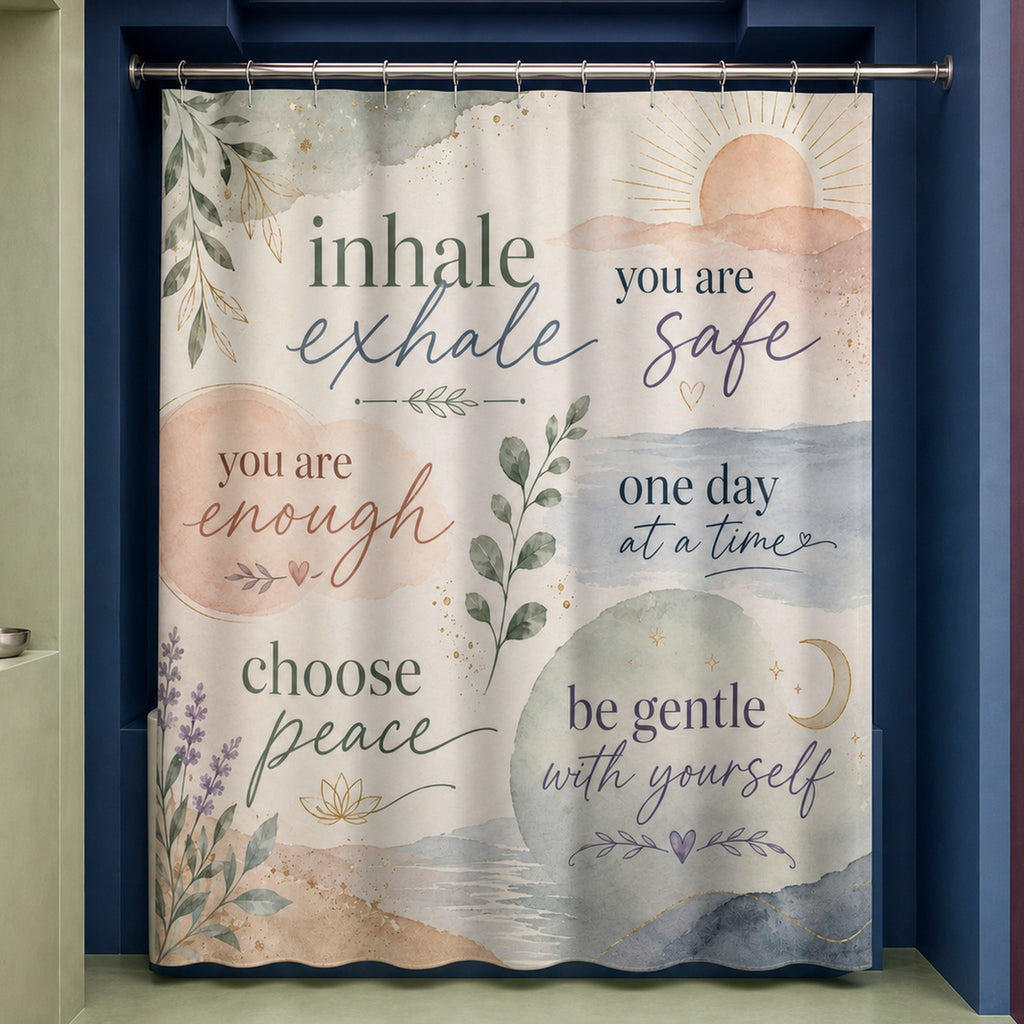 Pastel positive affirmation shower curtain in a cobalt jewel box designer bathroom