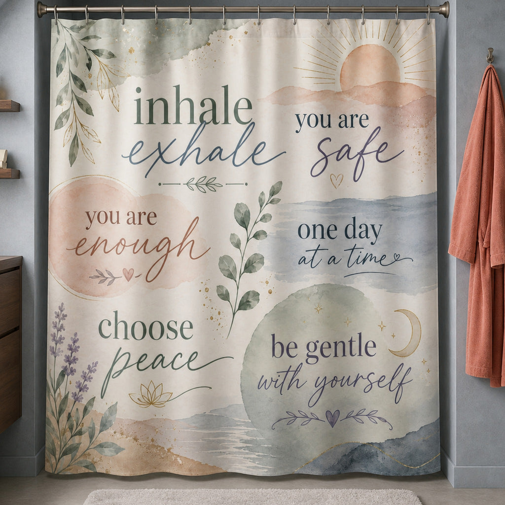 Pastel positive affirmation shower curtain in a smoky blue attic bathroom with a coral robe