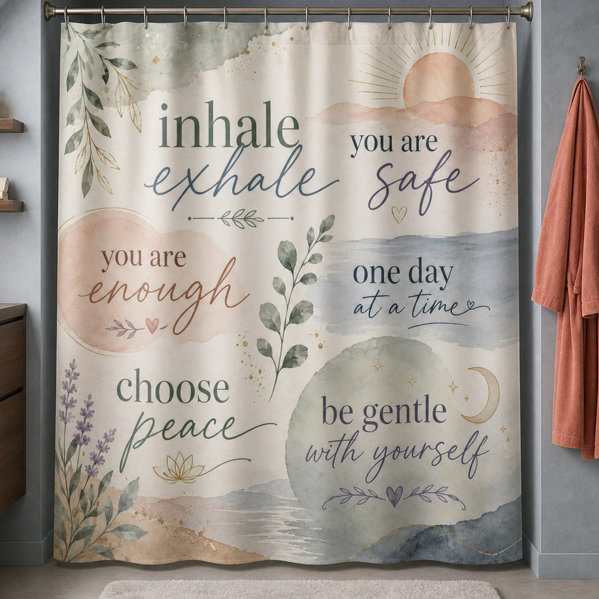 Pastel positive affirmation shower curtain in a smoky blue attic bathroom with a coral robe