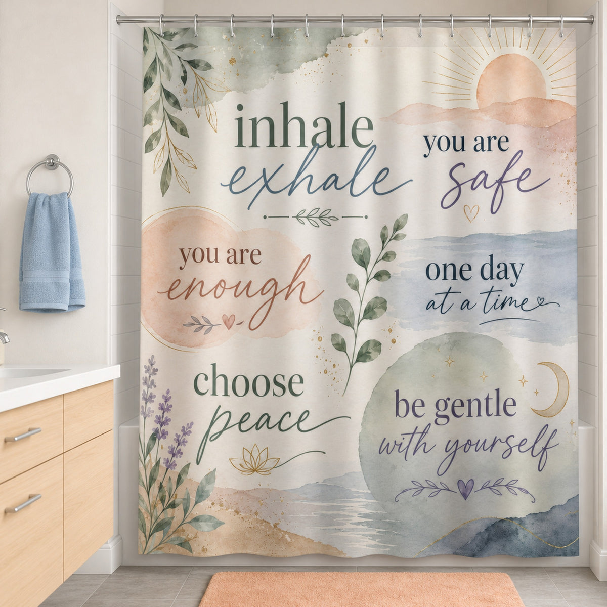 Pastel positive affirmation shower curtain in a warm white bathroom with a pale birch vanity