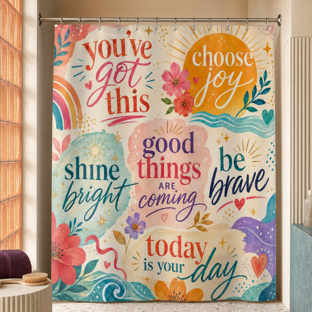 Colorful positive affirmation shower curtain in a designer bath with apricot glass and turquoise stone