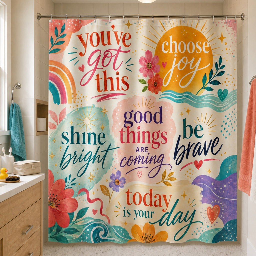 Colorful positive affirmation shower curtain in a bright cream tile family bathroom with a light oak vanity