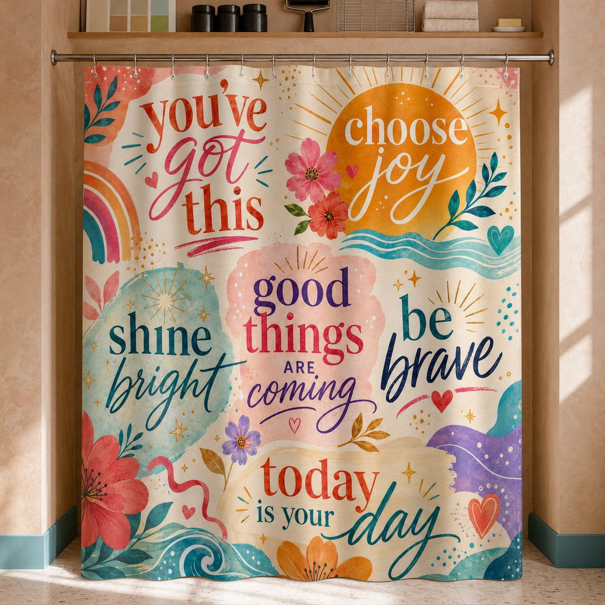 Colorful positive affirmation shower curtain in a joyful letterpress artist's sunrise washroom