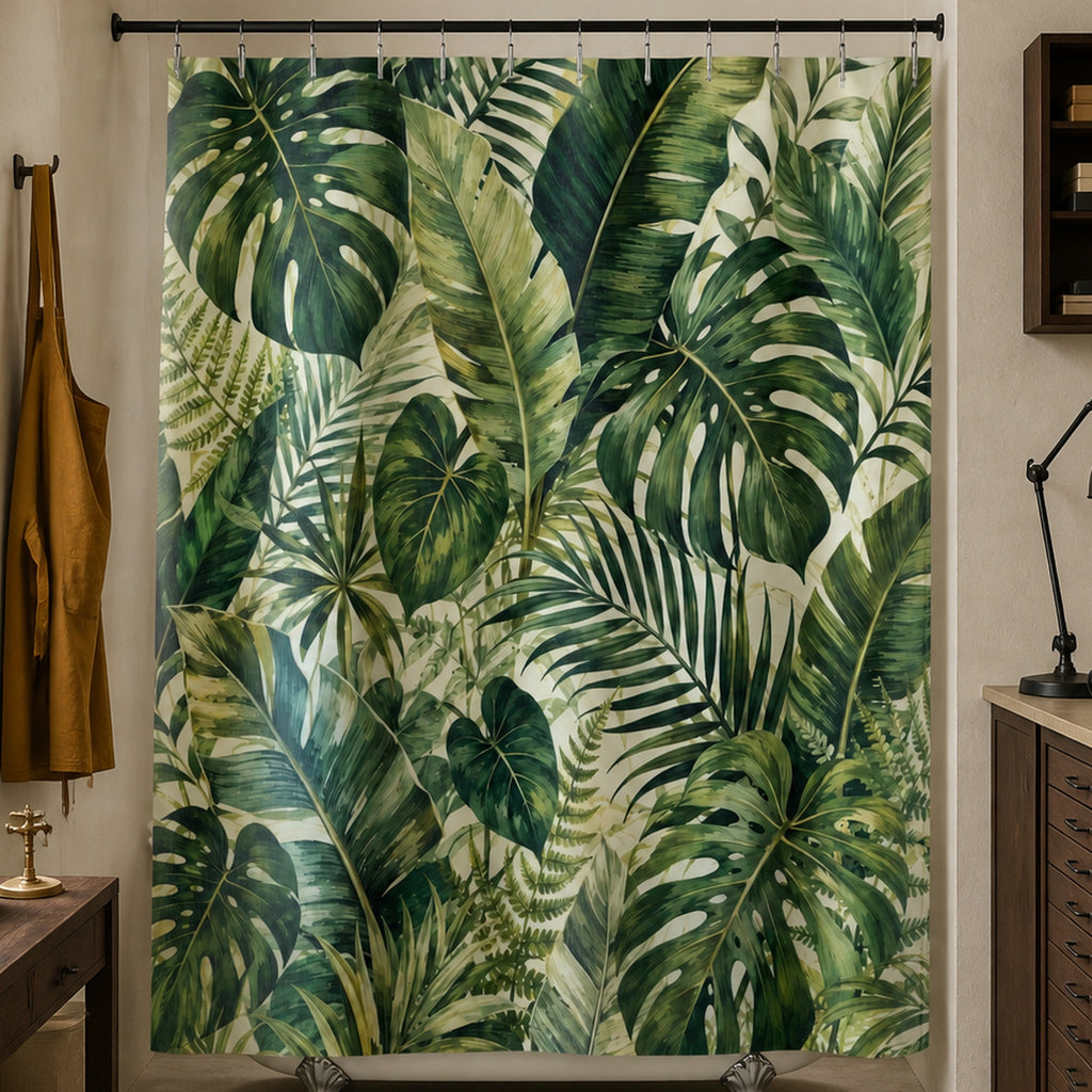 Green tropical leaf shower curtain in a botanical book designer studio bathroom with teak flat files and ochre apron
