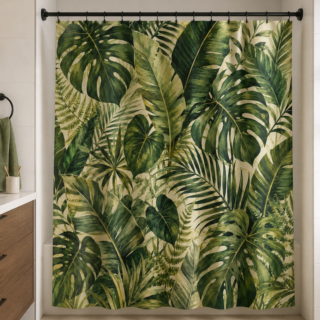 Green tropical leaf shower curtain in a warm white bathroom with walnut vanity and olive towel