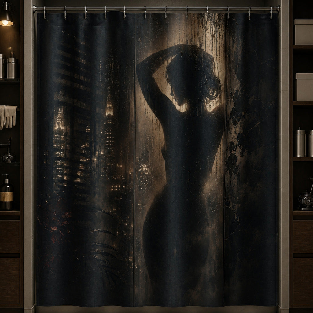 Noir black silhouette shower curtain in a film archivist's screening-room washroom with walnut storage