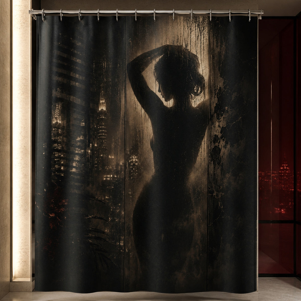Noir black silhouette shower curtain in a designer travertine bath with oxblood glass and alabaster light