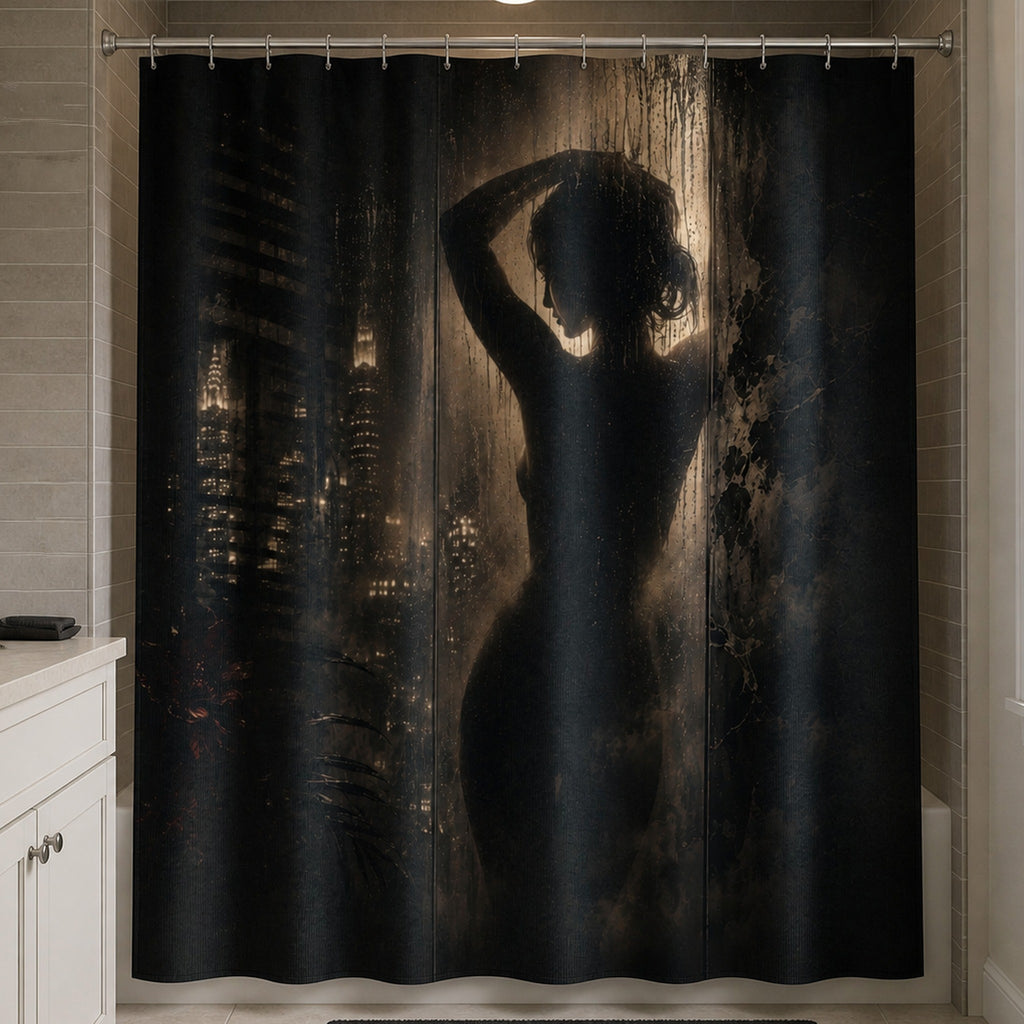 Noir black silhouette shower curtain in an attainable warm-gray city apartment bathroom with off-white vanity