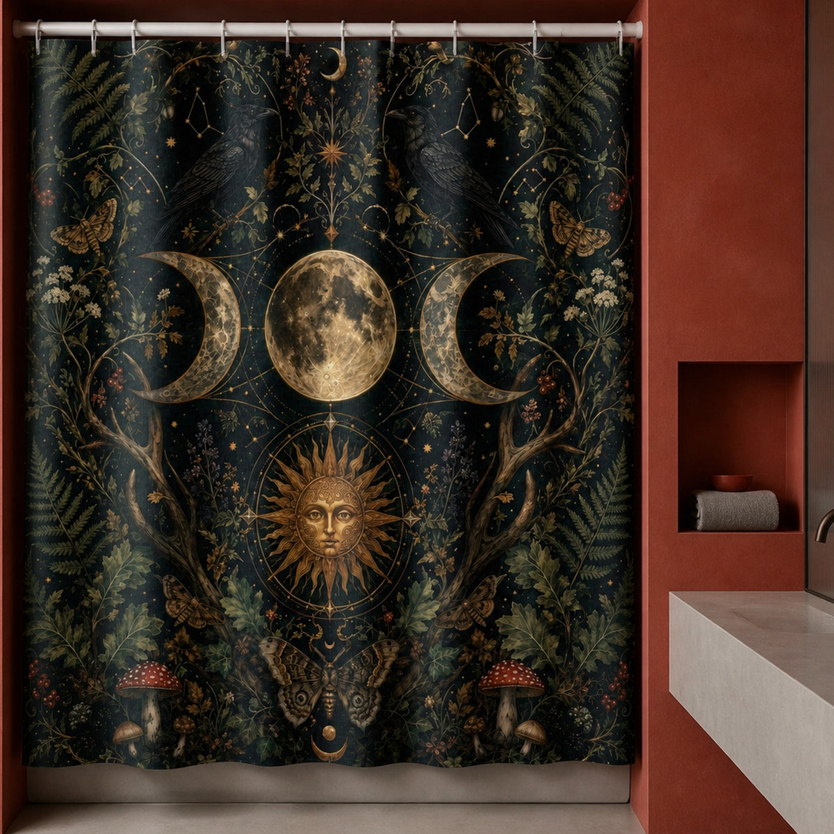 Triple moon raven shower curtain in a mineral red designer bathroom with silver glass