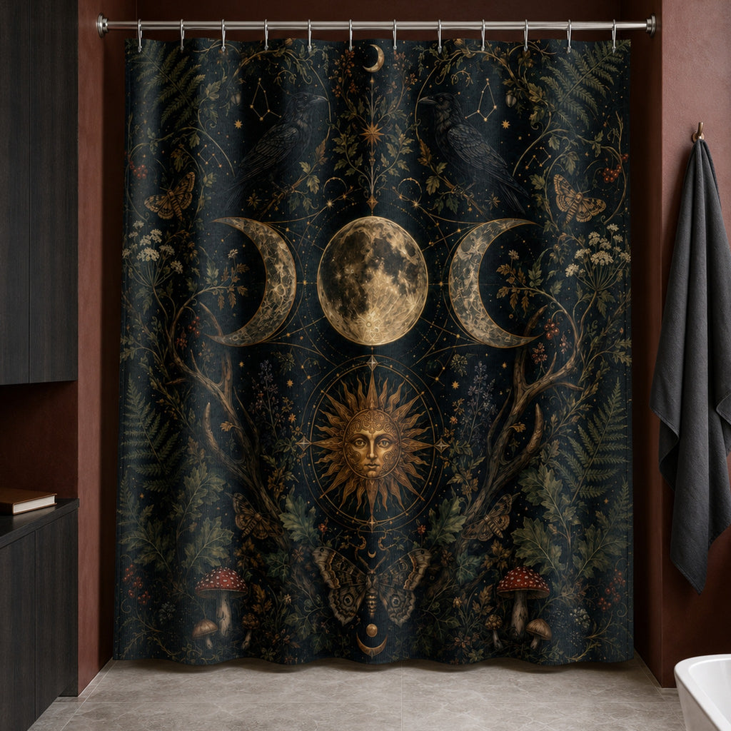 Triple moon raven shower curtain in an oxblood bathroom with black oak cabinet