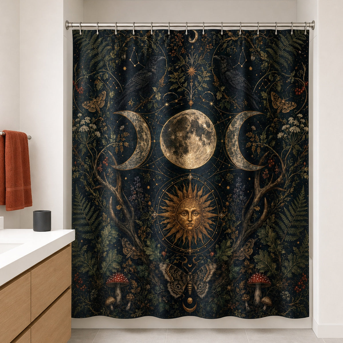 Triple moon raven shower curtain in a warm white guest bathroom with pale oak vanity