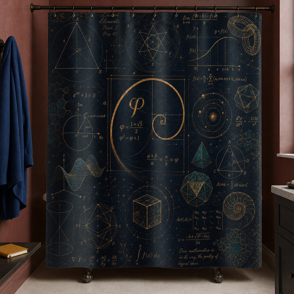 Golden ratio equation shower curtain in an oxblood bathroom with cobalt garment and ochre notebook