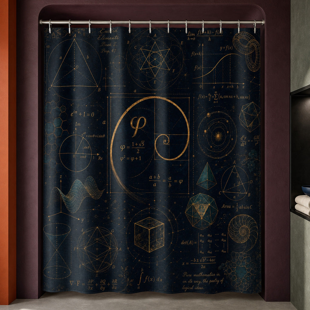 Golden ratio math shower curtain in a luxury plum bathroom with burnt-orange and celadon accents