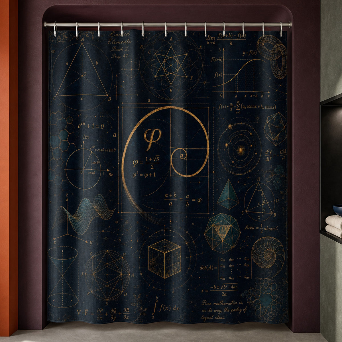 Golden ratio math shower curtain in a luxury plum bathroom with burnt-orange and celadon accents