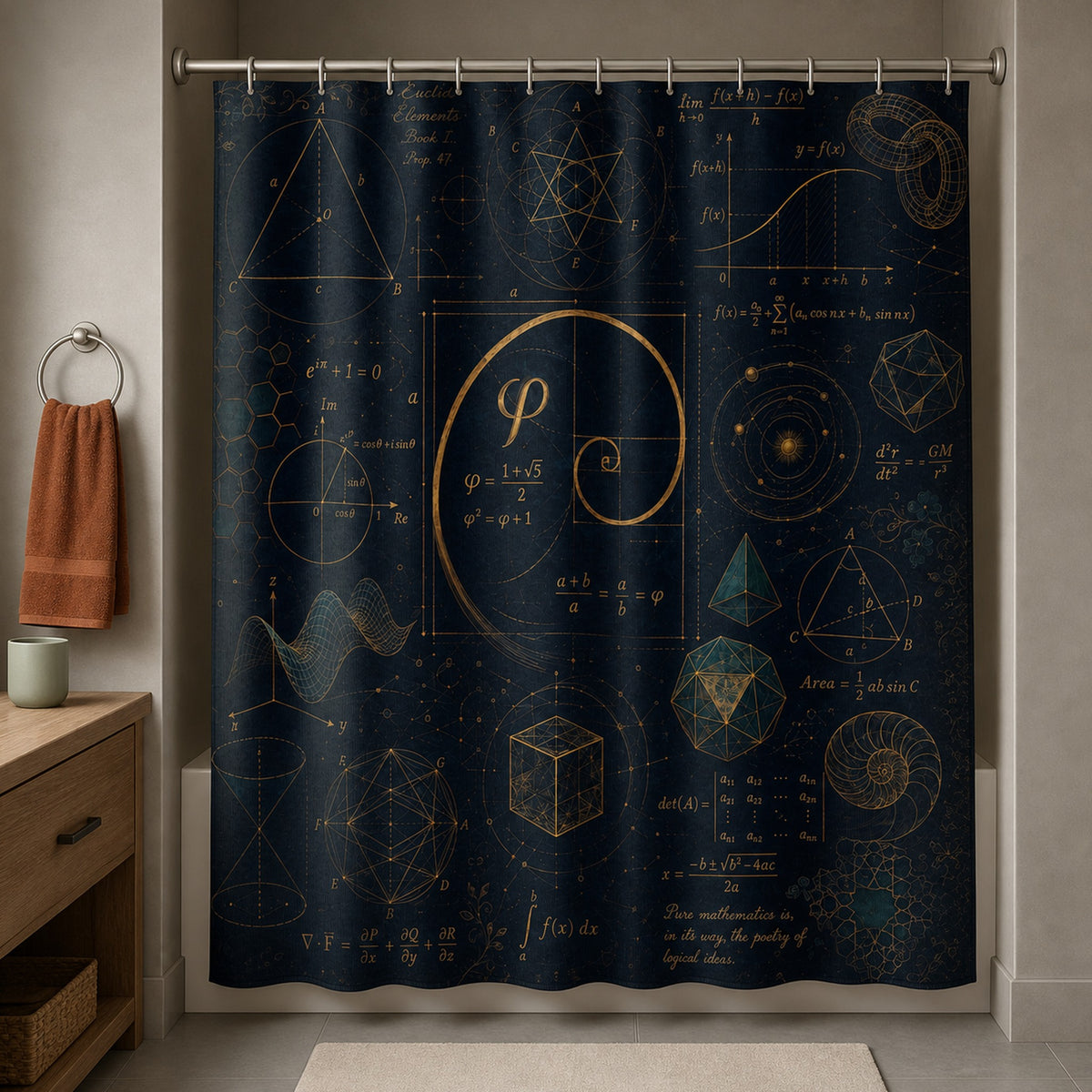 Navy and gold math shower curtain in a warm-gray bathroom with walnut vanity and rust towel