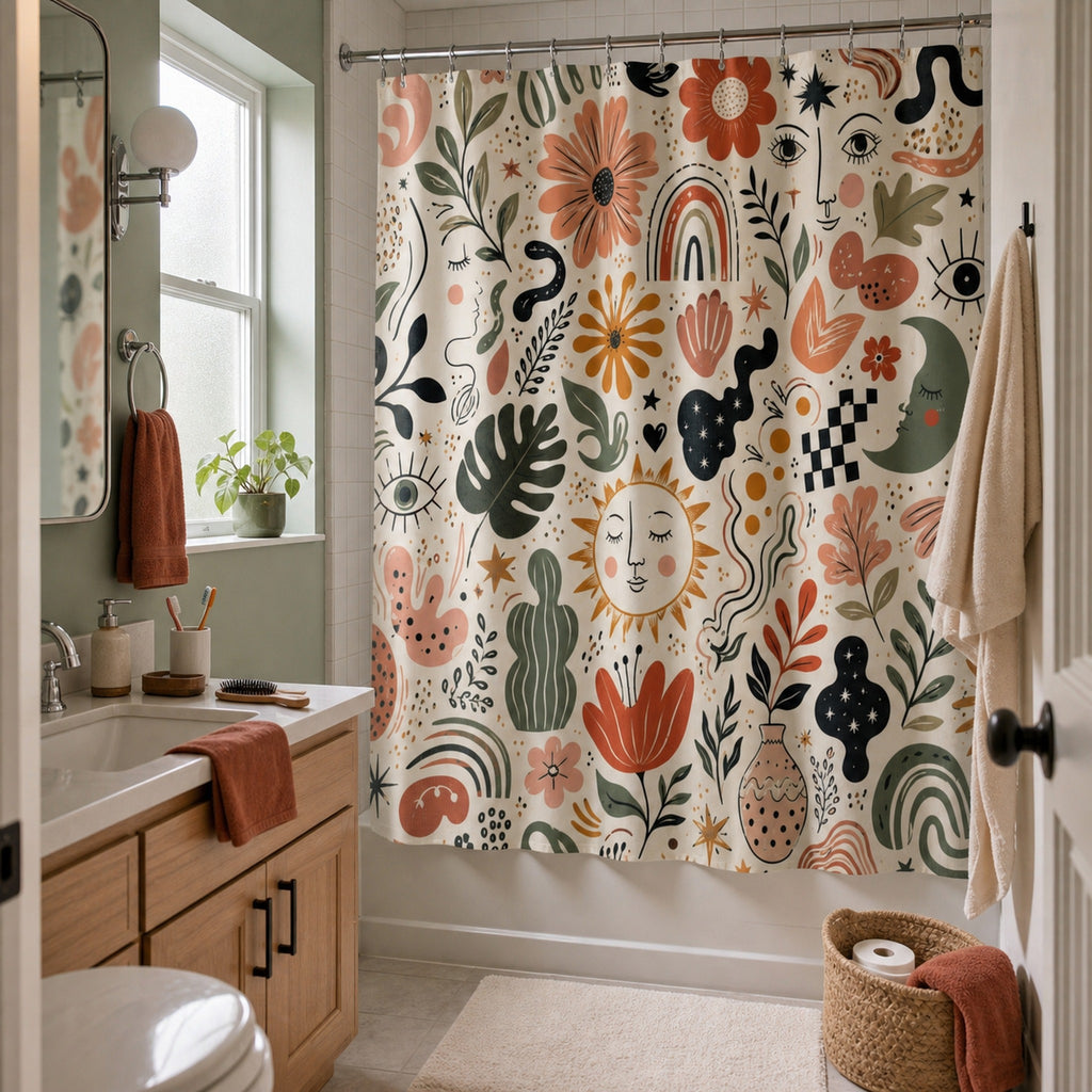 Hand-drawn floral celestial shower curtain in a sage and oak apartment bathroom