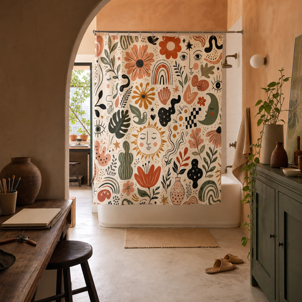 Hand-drawn floral celestial shower curtain in a warm peach artist casita bathroom