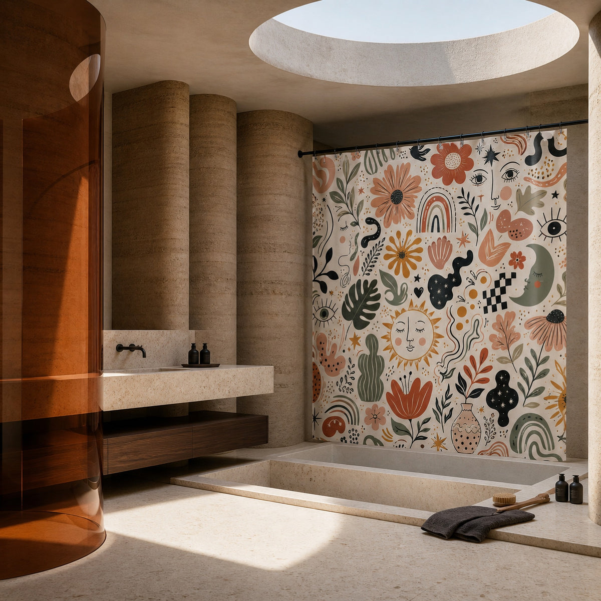 Hand-drawn floral celestial shower curtain in a sculptural rammed-earth oculus bathroom