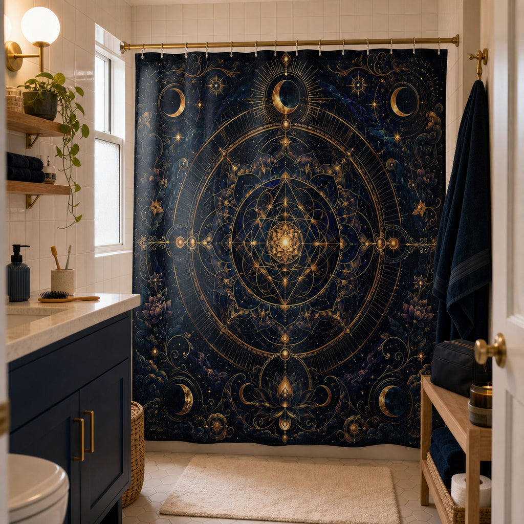 Navy gold celestial mandala shower curtain in an attainable apartment bathroom