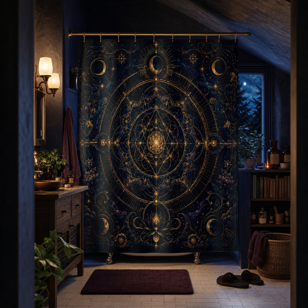 Navy gold celestial mandala shower curtain in a moonlit botanical attic bathroom