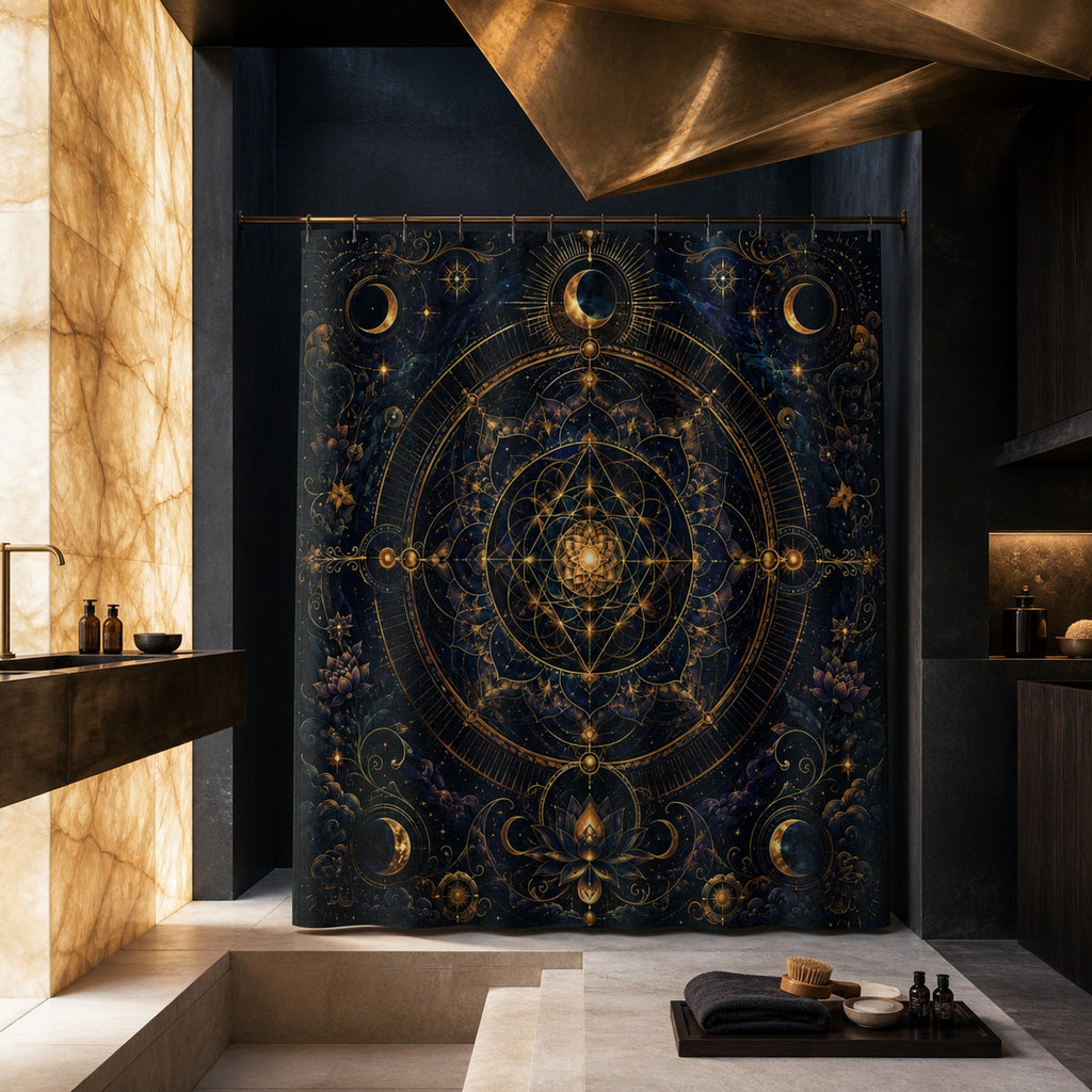 Navy gold celestial mandala shower curtain in a dramatic onyx and bronze designer bathroom