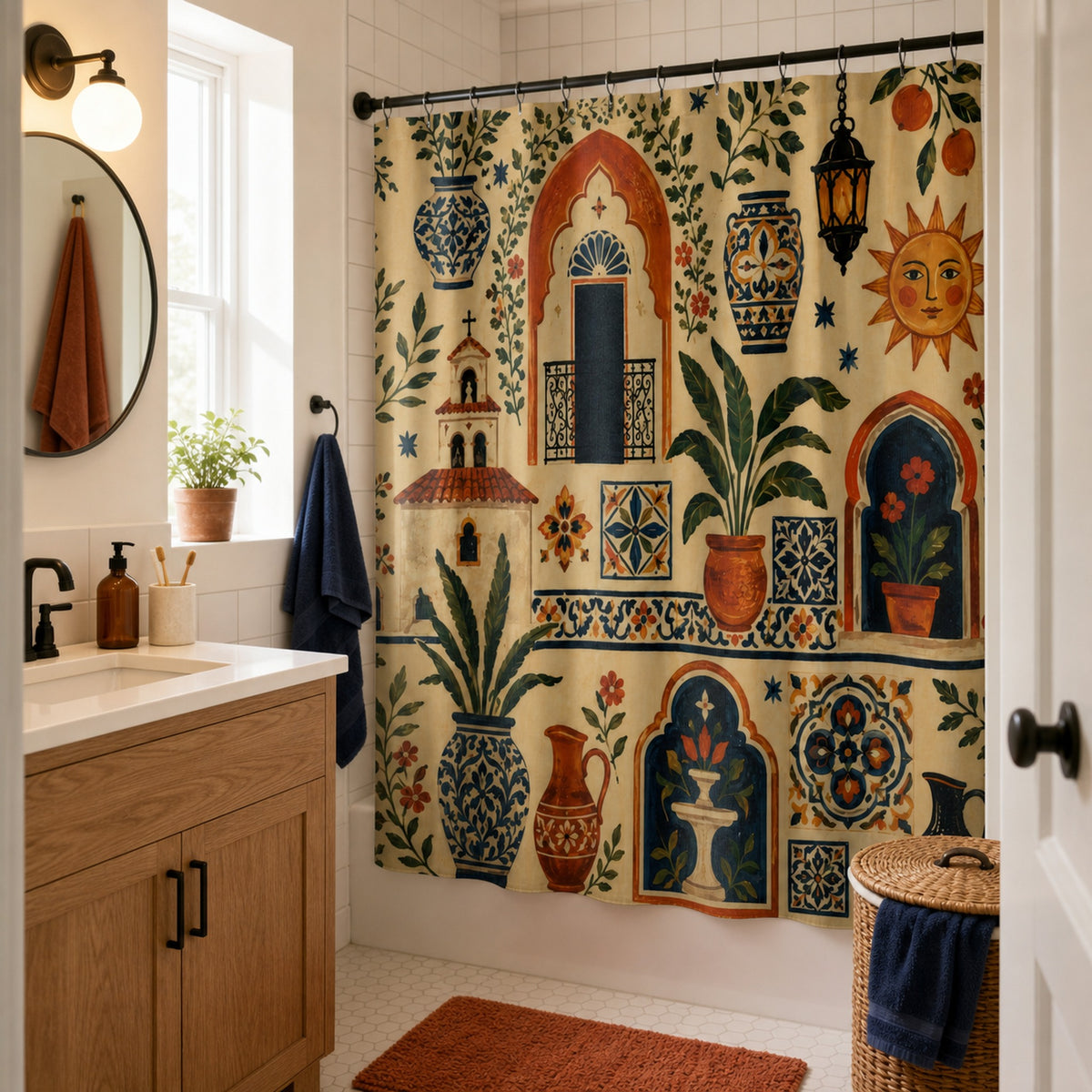 Spanish tile shower curtain with terracotta arches and indigo pottery in a warm everyday bathroom