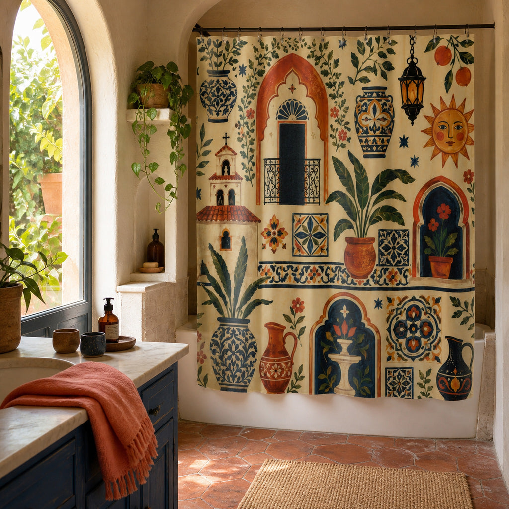 Spanish tile shower curtain with terracotta, indigo, pottery, and botanicals in a sunlit artist's bathroom