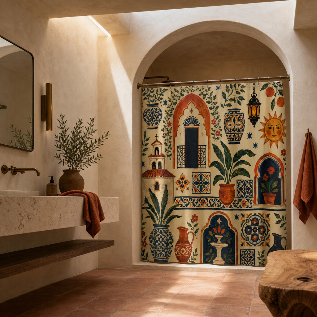 Spanish tile shower curtain with Mediterranean arches and pottery in a skylit plaster and limestone bathroom